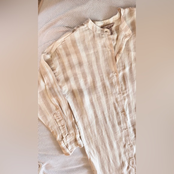 H&M Beige Striped Linen Shirtdress Maxi Dress Button Up Shirt Dress - Picture 3 of 13